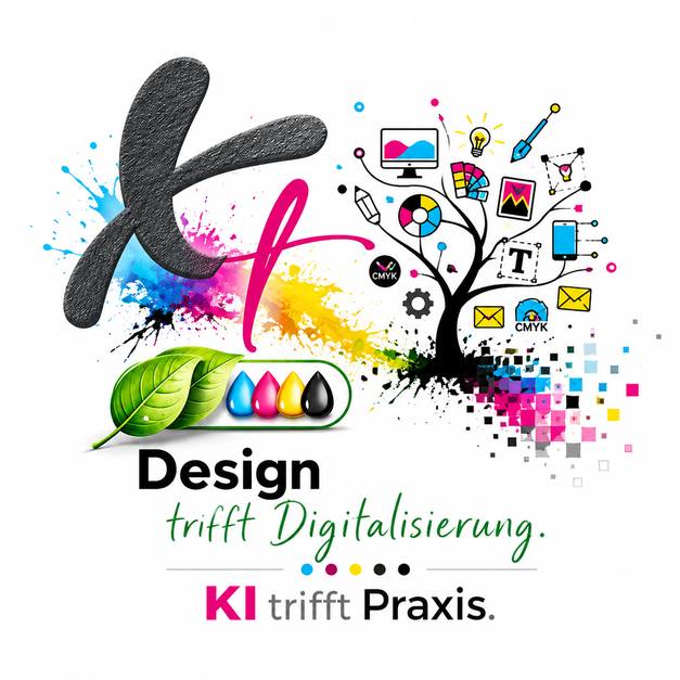 Printxtreme Key Visual — KI Kreativbaum mit CMYK Tinte, Blatt und Pixel-Explosion: Design trifft Digitalisierung. KI trifft Praxis.