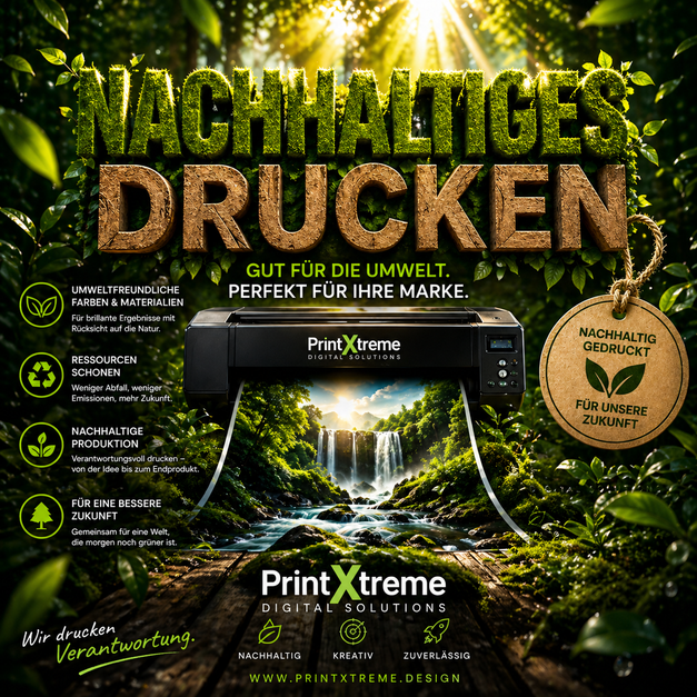 Nachhaltiges Drucken — Printxtreme Plakat mit Großformatdrucker im Wald